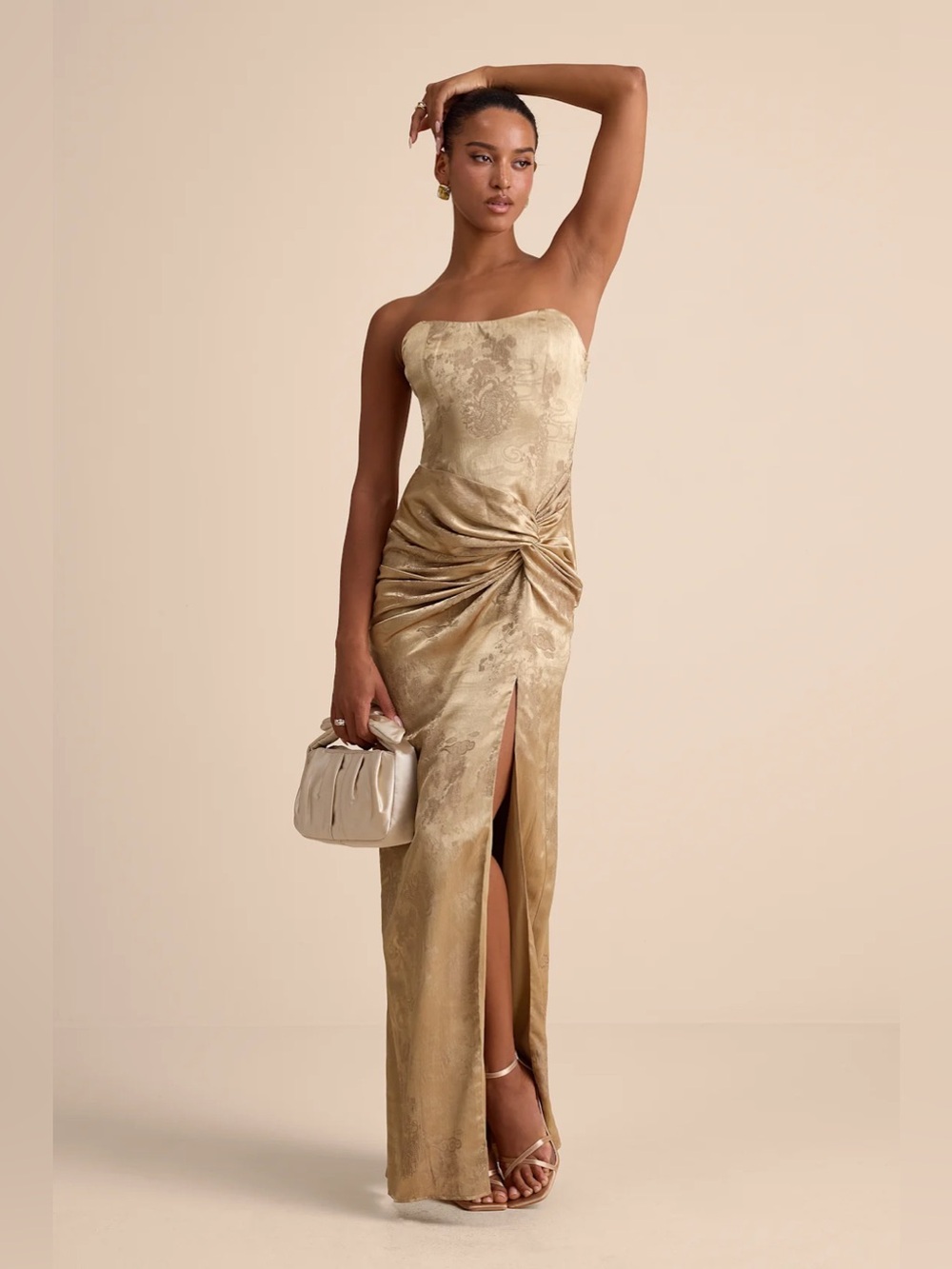 NWT - Lulus - Whitney Gold Jacquard Strapless Twist-Front Maxi Dress
